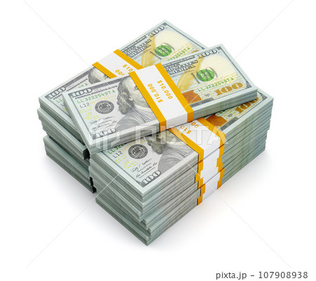 Creative business finance making money concept - stack of new new 100 US dollars 2013 edition banknotes (bills) bundles isolated on white background money stack on white 107908938