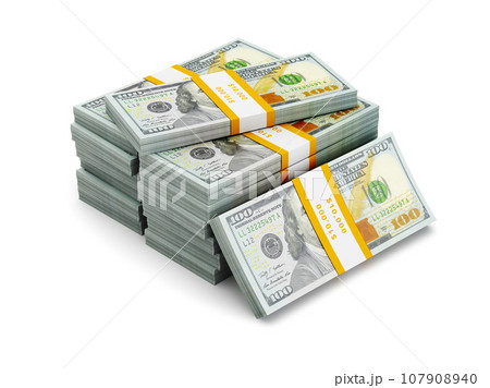 Creative business finance making money concept - stack of new new 100 US dollars 2013 edition banknotes (bills) bundles isolated on white background money stack on white 107908940