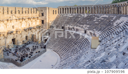 Aspendos Ancient City. Aspendos acropolis city ruins, cisterns, aqueducts and old temple. Aspendos Antalya Turkey. turkiye 107909596