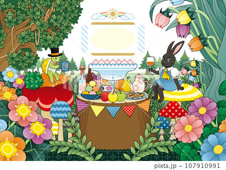 うさぎとかめ/Hare & Tortoise 仲良しパーティー コピースペースありイラスト うさぎとかめ/Hare & Tortoise 仲良しパーティー コピースペースありイラスト 107910991