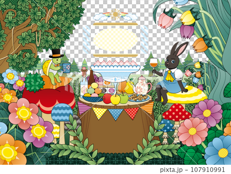 うさぎとかめ/Hare & Tortoise 仲良しパーティー コピースペースありイラスト うさぎとかめ/Hare & Tortoise 仲良しパーティー コピースペースありイラスト 107910991