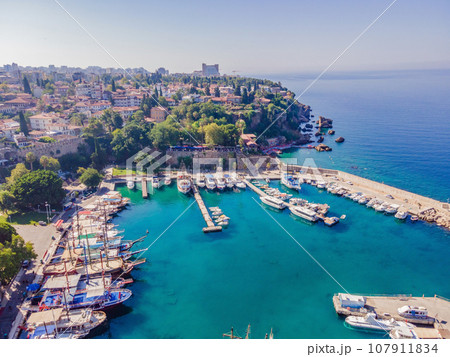 View of old Antalya from a drone or bird's eye view. This is the area of the old city and the old harbor View of old Antalya from a drone or bird's eye view. This is the area of the old city and the old harbor 107911834