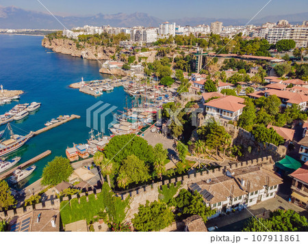 View of old Antalya from a drone or bird's eye view. This is the area of the old city and the old harbor 107911861