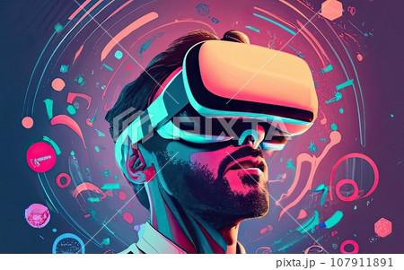 Man wearing 3d VR headset glasses looks up Man wearing 3d VR headset glasses looks up 107911891