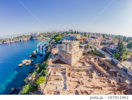 Hidirlik Tower, landmark of old town in Antalya Turkey. Drone view Hidirlik Tower, landmark of old town in Antalya Turkey. Drone view 107911962