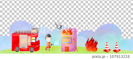 Watercolor seamless border with cartoon firefighters extinguishing the building fire. Firefighter and fire safety equipment hand-drawn. Fire safety banner poster illustration Watercolor seamless border with cartoon firefighters extinguishing the building fire. Firefighter and fire safety equipment hand-drawn. Fire safety banner poster illustration 107913228