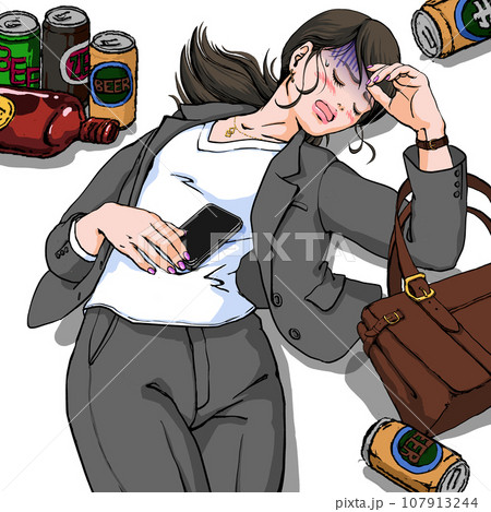 泥酔して気分の悪そうなパンツスーツ姿の若い女性 107913244