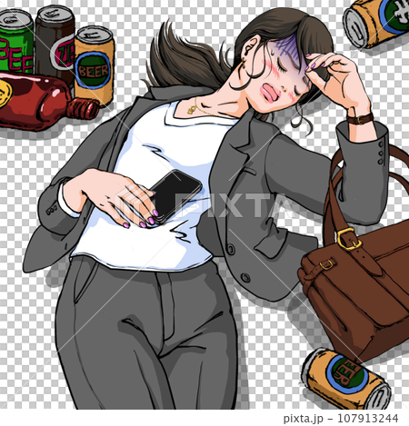 泥酔して気分の悪そうなパンツスーツ姿の若い女性 107913244