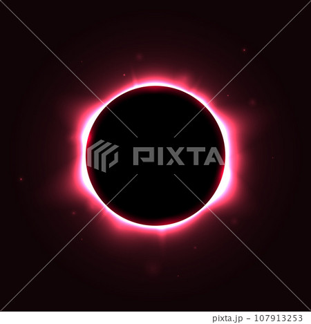 Sun full eclipse concept. Red solar glow background. Moon or planet total eclipse in dark space. Hot star surface flare with rays and beams effects. Vector illustration 107913253