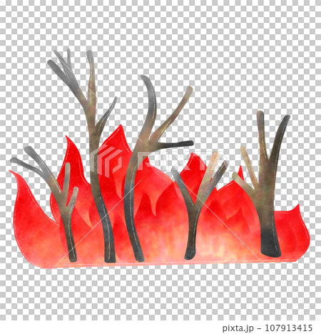 Wildfires cartoon illustration. Watercolor hand drawing in high quality. Wildfire, burn, fire, flame, disaster, emergency 107913415
