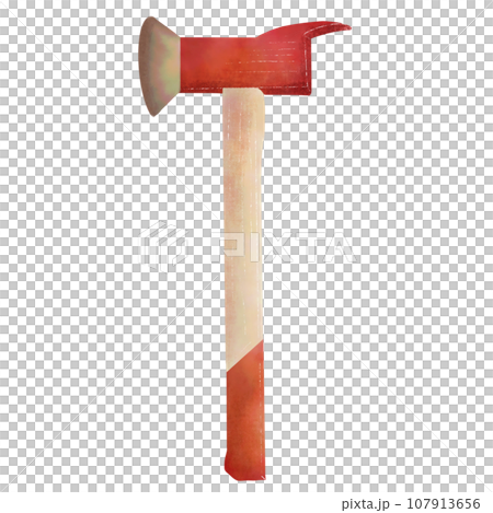 Watercolor fireman's axe hand-drawn. Fire safety equipment cartoon illustration. Fire axe, fire equipment, fire prevention. 107913656
