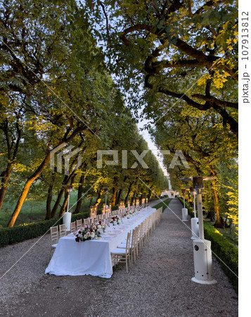 Laid long table with chairs stands on an alley in the garden Laid long table with chairs stands on an alley in the garden 107913812