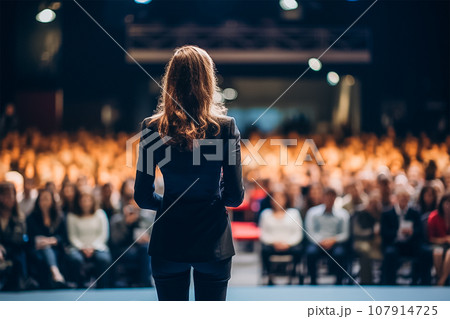 The back of business women give a speech to people, generative AI. 107914725