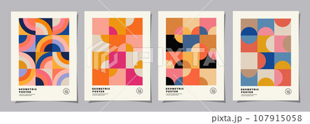 Set of Retro geometric pattern background. Creative covers or posters concept in modern bauhaus style for corporate identity, branding and social media advertising. Set of Retro geometric pattern background. Creative covers or posters concept in modern bauhaus style for corporate identity, branding and social media advertising. 107915058