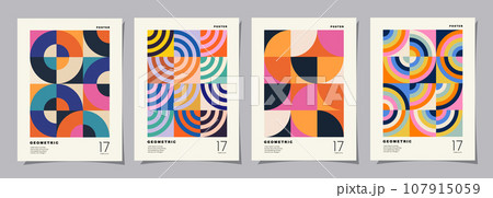 Set of Retro geometric pattern background. Creative covers or posters concept in modern bauhaus style for corporate identity, branding and social media advertising. Set of Retro geometric pattern background. Creative covers or posters concept in modern bauhaus style for corporate identity, branding and social media advertising. 107915059