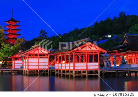 【広島県】宮島の厳島神社と五重塔の夜景 107915229