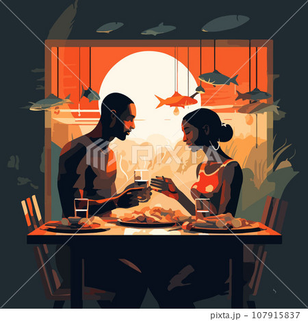 Couples have dinner together isolated illustration, in the style of igbo (ibo) art Couples have dinner together isolated illustration, in the style of igbo (ibo) art 107915837