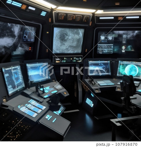 View from the cockpit of a spaceship captain rushing through space at high speed. Generative AI Art. 107916870