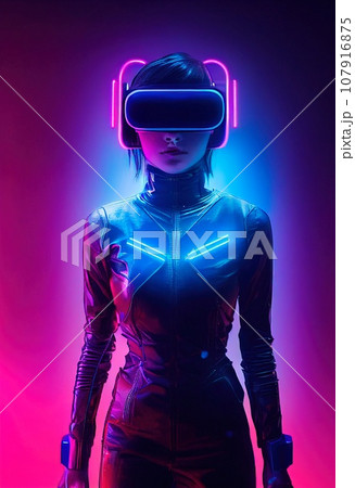 Realistic portrait of a sci-fi neon cyberpunk girl in a cyber suit. High-tech futuristic man from the future. The concept of virtual reality and cyberpunk. 3D render. 107916875