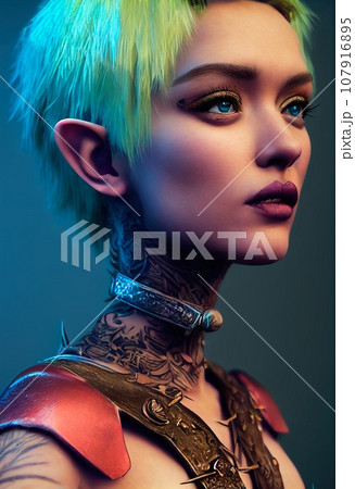 Portrait of an ancient female warrior in ancient warrior armor. The concept of an ancient brave warrior. Generative AI Art. Portrait of an ancient female warrior in ancient warrior armor. The concept of an ancient brave warrior. Generative AI Art. 107916895