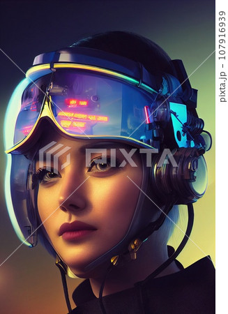 Portrait of a fictional futuristic female pilot in an aviation helmet and pilot's suit. Concept of futuristic pilots of the future. 3d rendering 107916939