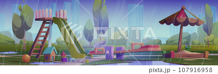 Rain on children playground in park illustration 107916958