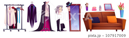 Backstage makeup room in theater interior set 107917009