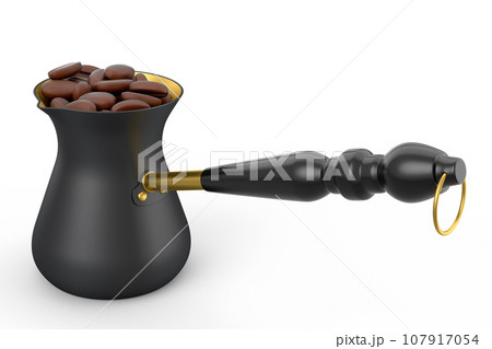 Turkish coffee cooked in sand or maker cezve with coffee bean on white 107917054