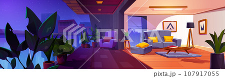 Night balcony with green home garden and armchair Night balcony with green home garden and armchair 107917055