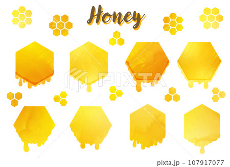 水彩風_ハチミツが垂れるハニカムフレームイラストのセット 107917077