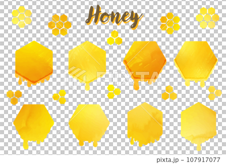 水彩風_ハチミツが垂れるハニカムフレームイラストのセット 107917077