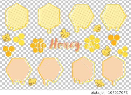 ポップなハチミツが垂れるハニカムフレームイラストのセット 107917078