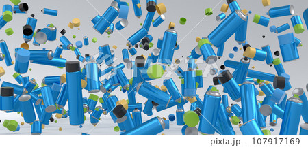 Lots of flying spray paint cans on white background. Spray bottle and dispenser Lots of flying spray paint cans on white background. Spray bottle and dispenser 107917169