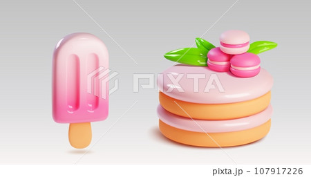 Desserts 3d - cake with macaroon and ice cream 107917226
