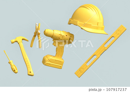 Flying view of monochrome construction tools for repair on grey background Flying view of monochrome construction tools for repair on grey background 107917237