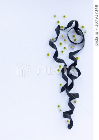 Black ribbon with small camomile flowers. On a white background with a copy space. 107917349