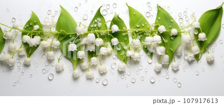 Banner with lily of the valley flowers in water drops 107917613