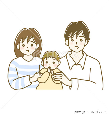 イラスト素材：親子3人家族　考える表情の夫婦と赤ちゃん（シンプルカラー） 107917792