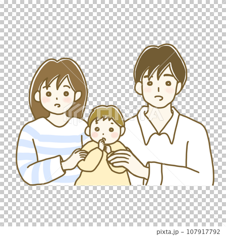 イラスト素材：親子3人家族　考える表情の夫婦と赤ちゃん（シンプルカラー） 107917792
