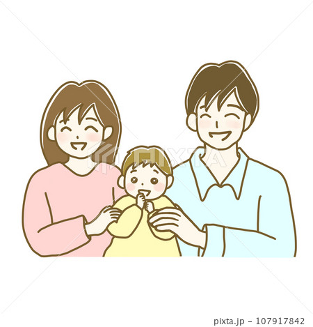 イラスト素材：親子3人家族　にっこり笑顔の夫婦と赤ちゃん（カラフル） 107917842