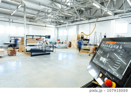 Interior of large workshop of contemporary furniture factory Interior of large workshop of contemporary furniture factory 107918089