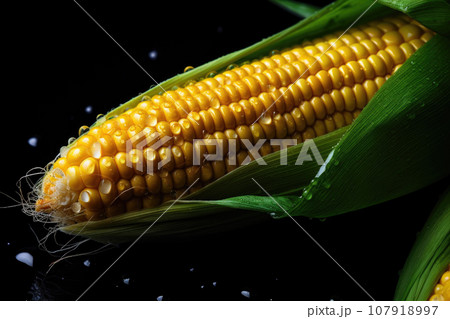 Corn on the cob with water drops on a dark background Corn on the cob with water drops on a dark background 107918997