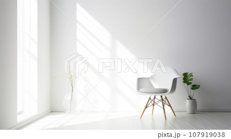 A white chair stands in a white room near the window. A white chair stands in a white room near the window. 107919038