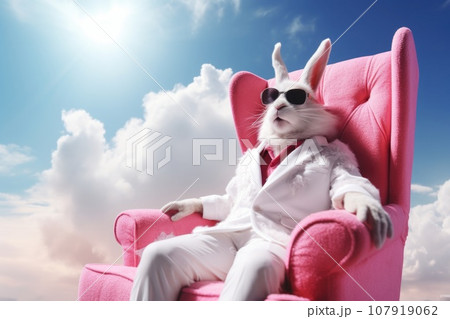 A white hare in sunglasses and a pink suit is sitting in a chair on a cloud A white hare in sunglasses and a pink suit is sitting in a chair on a cloud 107919062