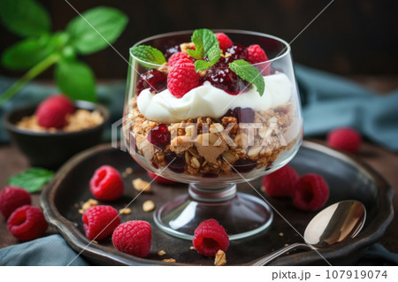 Granola with yogurt and raspberries 107919074