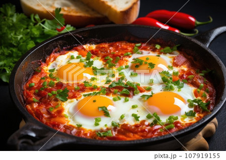 Shakshuka with tomatoes and green onions in a frying pan 107919155