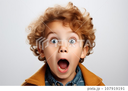 Surprised curly-haired boy on a white background Surprised curly-haired boy on a white background 107919191