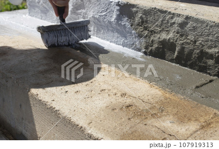 Covering the steps with a special protective solution. Brush with paint. 107919313