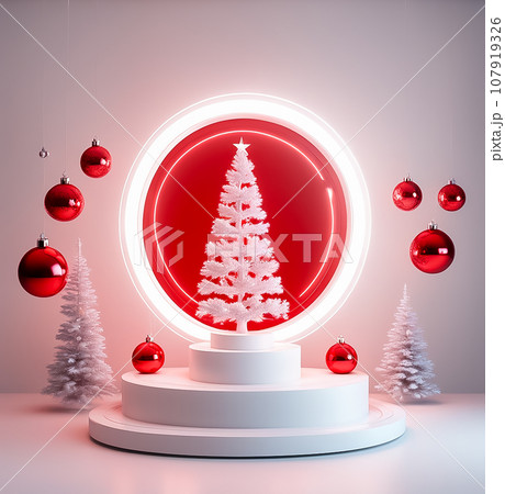 赤いライトに浮かび上がる白いクリスマスツリー 107919326