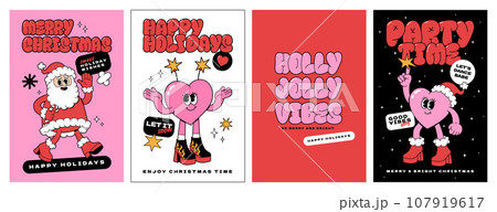 Merry Christmas groovy funny cartoon posters. Santa Claus, cute heart character, holly jolly vibes in trendy funky retro cartoon style. Greeting cards, template, posters, prints and backgrounds. 107919617
